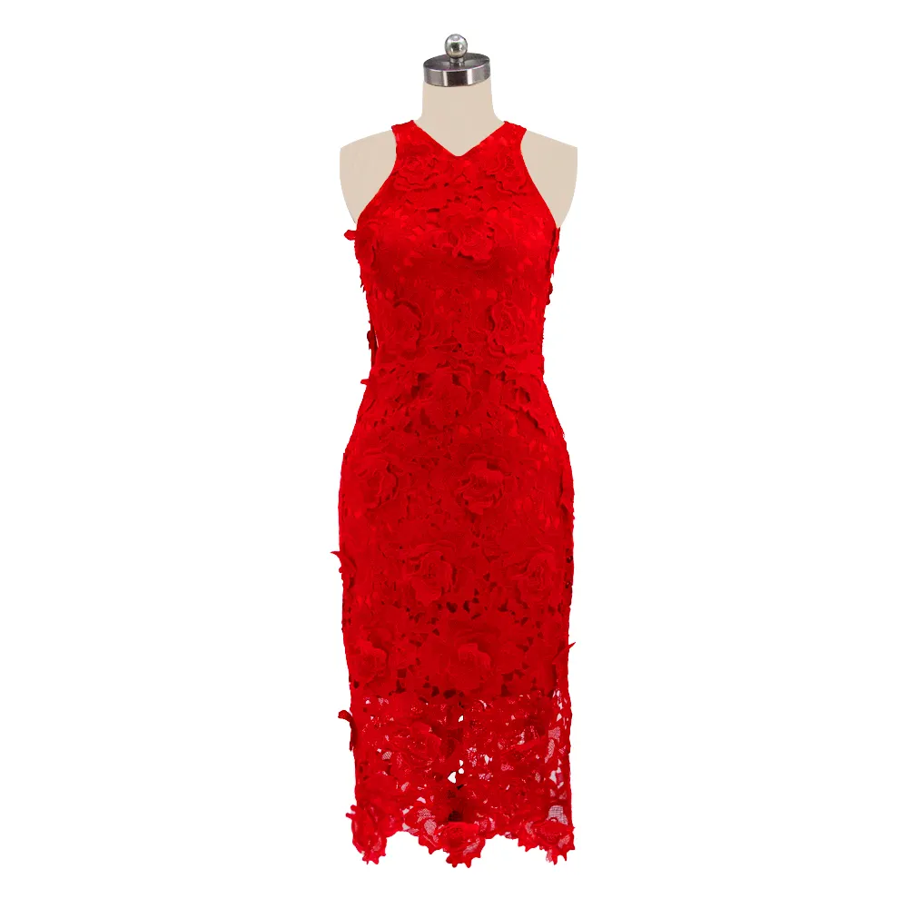 Jindian Lady elegante Spandex rosso Crochet pizzo abito Casual tessuto 3D per Cocktail Party