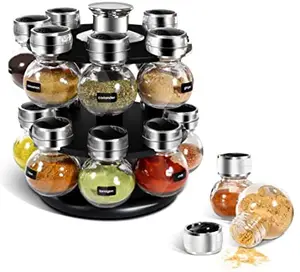 16-Jar döner tezgah baharat rafı organizatör 1/2 katmanlı cam baharat kavanozları Set iplik baharatlar, otlar, baharat