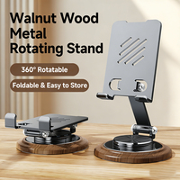 Support de téléphone en métal réglable avec base en bois de noyer, support de bureau pliable pour smartphones et tablettes