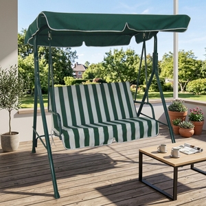 Fauteuil balançoire de jardin extérieur 2 <span class=keywords><strong>places</strong></span> personnalisable avec coussin rayé, auvent festonné et <span class=keywords><strong>hamac</strong></span> de véranda en métal - Product Image 1