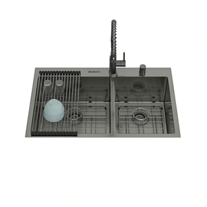 Fregadero de cocina doble empotrable negro bronce de 33x22, calibre 16, con cuencos de 10 pulgadas de profundidad, modelo 6040, acabado mate - Product Image 1