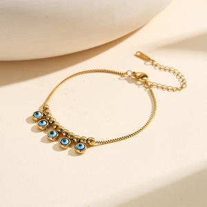 Bracelet chaîne plaqué or 18 carats PVD pour femmes avec perles bleues œil porte-bonheur, bijoux de mode, cadeau, vente en gros d'usine - Product Image 6