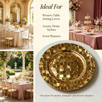 Assiette de présentation en plastique PP plaqué or de luxe, motif nid d'abeille en relief, pour décoration de table de mariage, hôtel, banquet