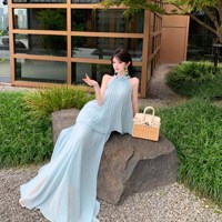 Haut en mousseline bleu OEM pour femme, style vacances d'été, jupe trapèze ample et amincissante