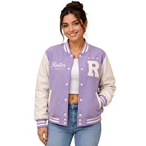 Chaqueta Varsity Lila con Letra R Bordada en Blanco para Mujer, Estilo Preppy, Corte Regular, Cuello Camisero, Logotipo Frontal - Product Image 1