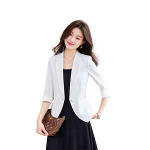 Women's Slim Fit Blazer Three Quarter Sleeve Solid Color Wool Blend Suit Jacket For Office Wear - Product Image 5