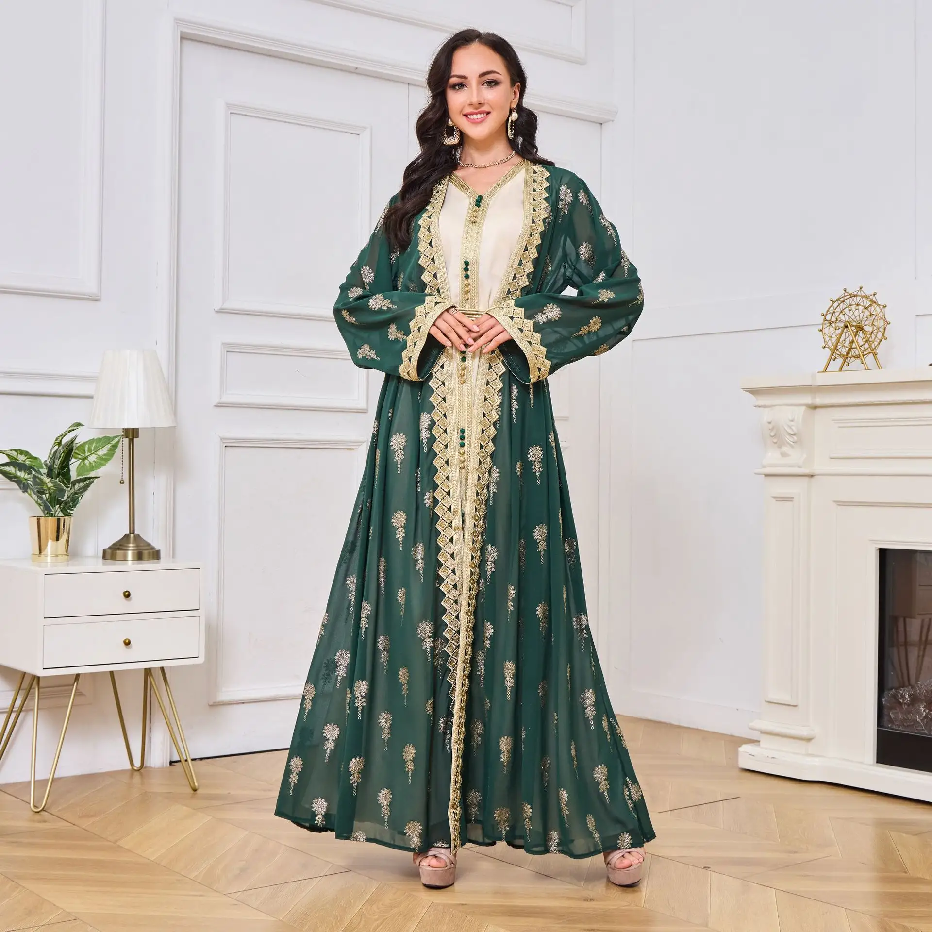 Venta al por mayor tradicional musulmán saudí islámico Dubai 2024 fabricantes de ropa de moda abaya ropa de mujer vestido Conjunto 2 piezas Eid