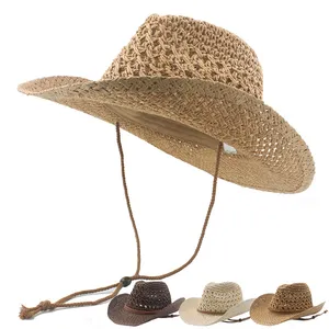 FF1189 Packable Summer Straw Cowboy Hat With Strap Handmade Woven Western Cowboy Hat For Women Men