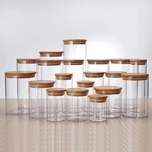 1oz 2oz 4oz 8oz 10oz transparente comida especias vidrio bambú tapa de madera contenedor tarros de almacenamiento con tapa de Bambú