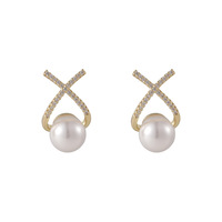 Pendientes de tuerca de perlas de lujo para mujer, joyería de moda en forma de X, aretes de gota de perlas de diamante de aleación para mujer 2022