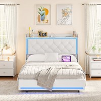 Cadre de Lit Tailles Jumeau/Double/Grand/Queen avec Tête de Lit Rembourrée, Cadre de Lit Noir avec Lumière LED et Station de Charge Prise USB