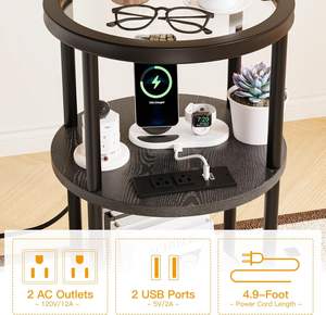 מסגרת מתכת שולחן צד עם <span class=keywords><strong>3</strong></span> קומות עם פלטת זכוכית עם יציאות USB שקעי חשמל לחללים קטנים סלון מרפסת חדר שינה שחור - Product Image 3