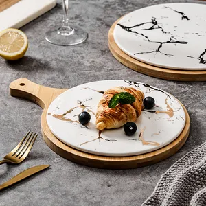 Piatti piatti nordici di forma rotonda piatti piatti in marmo bianco e nero con vassoio in bambù e manico per ristorante - Product Image 4