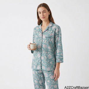 Ensemble de pyjama long pour femme en coton 100 % pur, imprimé floral de luxe, imprimé en bloc, vêtements de nuit confortables, ensemble de pyjama - Product Image 1