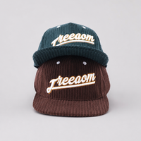 Casquette de baseball personnalisée en velours côtelé à visière plate, 6 panneaux, avec broderie script et sangle en cuir réglable, vente en gros, OEM, faible MOQ