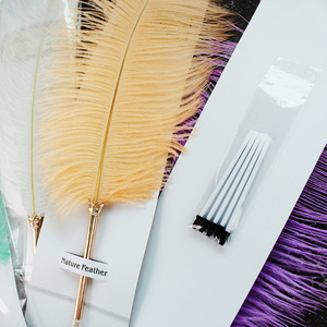 Pluma de avestruz para firmar, pluma de color Macaron, beige, blanco, para <span class=keywords><strong>boda</strong></span>, tinta negra, calidad - Product Image 3