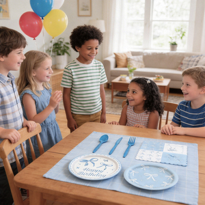 640419 Kit per Festa <span class=keywords><strong>di</strong></span> <span class=keywords><strong>Compleanno</strong></span> Azzurro: Elegante Set <span class=keywords><strong>di</strong></span> Stoviglie a Tema Fiocco per Baby Shower o Compleanni - Product Image 5