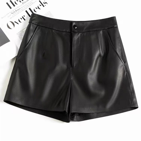 4657 Leather Pants Classic Solid Color Sheepskin, Simple Mid Waist, Slimming Women's Versatile Casual Shorts