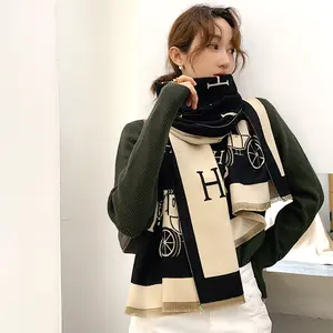 Winter Cashmere Scarf Letters and horse Women Shawl Female Warm Tippet Fashion Lady Blanket Thick bufanda Designer Cape