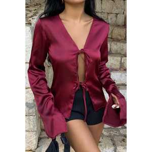 Chemise en satin bordeaux à col volanté, boutonnée, tailles XS-XL, décontractée, formelle, mode, tricotée, en mousseline de soie, respirante, unie, imprimée, usage quotidien - Product Image 5