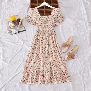 Nouvelle Robe d'été style coréen rétro polyvalente à col carré, imprimé floral, taille cintrée, effet amincissant, ourlet à volants, coupe <span class=keywords><strong>Empire</strong></span> et ligne A - Product Image 4
