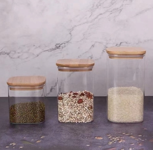 Toples penyimpan kaca dengan tutup bambu, toples penyimpanan makanan bening untuk kue Pasta tepung nasi teh biji kopi - Product Image 4