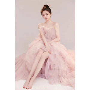 Pink Strapless Tulle Ball Gown Natural Waistline Wedding Dress For Studio Photography - Product Image 3
