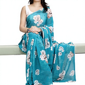 Sari de Gasa Chiffon con Estampado Floral Digital Personalizado, Ribete de Encaje Festoneado, Elegante Vestido Casual de Verano para Fiesta o Playa para Mujer, Envío Rápido - Product Image 1