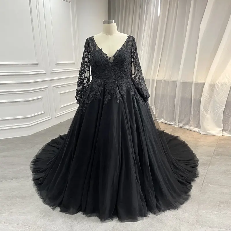 Sexy Deep V Neckline Long Sleeve Women Formal Party Gown Black Green Big Size Evening Dresses