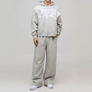 Sweat-shirt à capuche gris chiné avec motif étoile abstrait et fermeture éclair intégrale, pantalon de survêtement large à motif rétro, ensemble de survêtement deux pièces personnalisé pour homme - Product Image 4