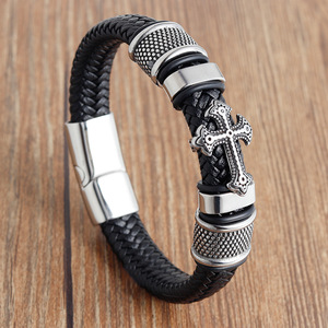 Handmade Black Braided <b>Leather</b> <b>Bracelet</b> for Men | Stainless Steel Antique Cross Charm & Magnetic Clasp | Gothic Style Wristband - Product Image 2