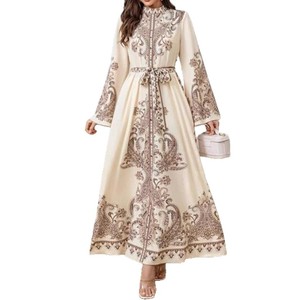 Vestido Largo Retro Estampado WD635, Cuello Alto, Manga Farol, Largo a la Cintura, Tejido Informal, Estilo Palacio para Primavera y Otoño - Product Image 5