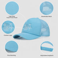 Casquettes de camionneur respirantes tendance bleu ciel pastel en mousse à 5 panneaux avec broderie personnalisée et fermeture snapback