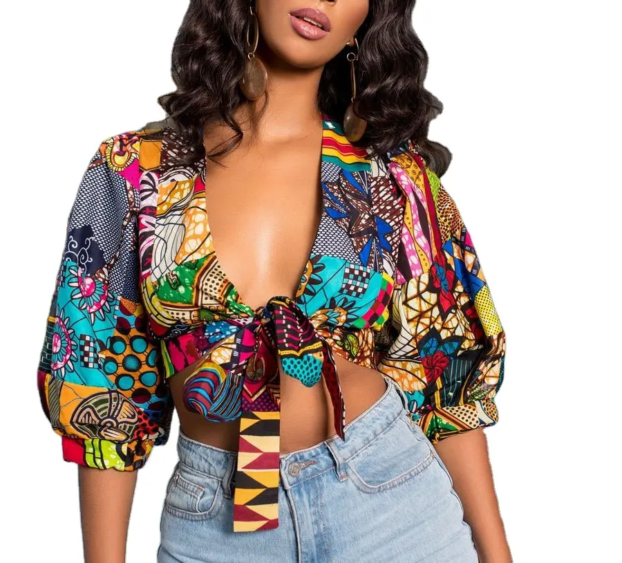 Multicolored Printing Deep V Neck Knot Crop Tops Women Custom Wrap Cropped Blouse