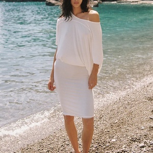 Custom White Off Shoulder Mini Dress Oversized 3/4 Sleeve <b>Wrap</b> Detail Frayed Hem Bodycon Midi <b>Beach</b> Sundress - Product Image 2