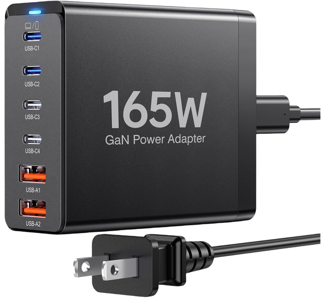 165W USB C Fast Charger GaN Compact 6 Port PD USB C Charging Station Block Hub Plug Laptop Power Adapter