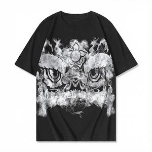 Baskılı Aslan Desenli %100 Pamuklu Geniş Kumaş Çin Tarzı Büyük Beden Kısa Kollu Hayvan Desenli Uzun Üst Kırışmaz - Product Image 1