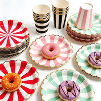 Assiettes en papier rayées jetables à estampage à chaud avec bord doré, vaisselle de fête pour anniversaire, baby shower, carnaval