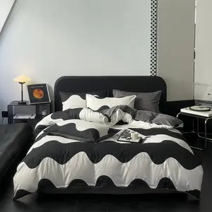 欧美几何棉黑白方格高级床四件套枕套床单被套