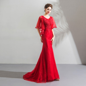 Vestido de Noche Rojo de Sirena con Escote Redondo y Mangas Acampanadas para <span class=keywords><strong>Fiesta</strong></span>, Última Moda 2020 - Product Image 2