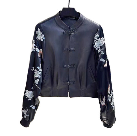 Fashion High Quality Elegant Genuine Sheepskin Black Women Leather Jacket Coat