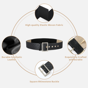 Cinturón ancho personalizado para mujeres Diseñado de fábrica con hebilla de diamantes de imitación Cinturones de plástico de material de PU negro - Product Image 2