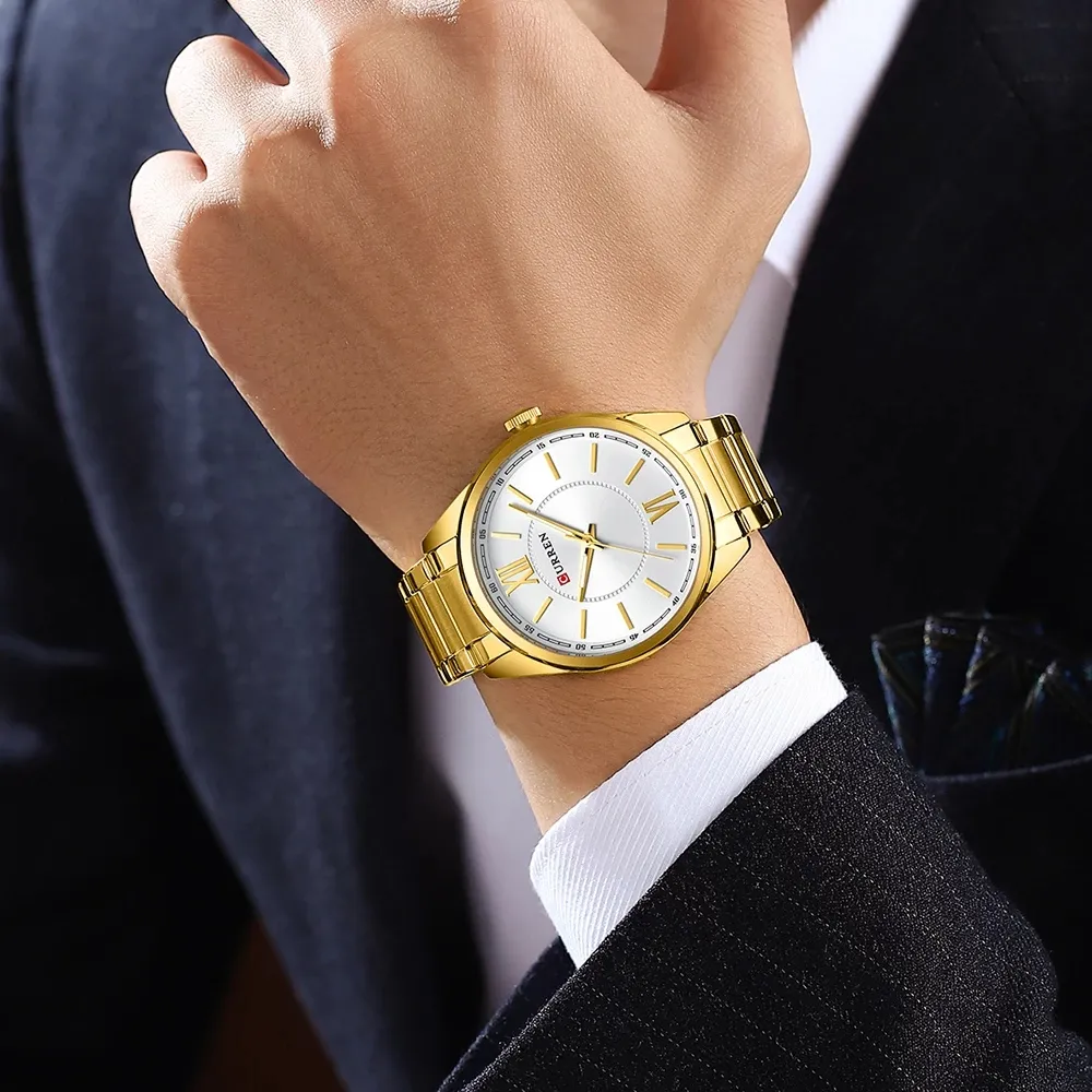 8423新しいファッションクォーツ時計メンズステンレス鋼メンズスポーツクロノグラフ時計手首高級ゴールド腕時計卸売