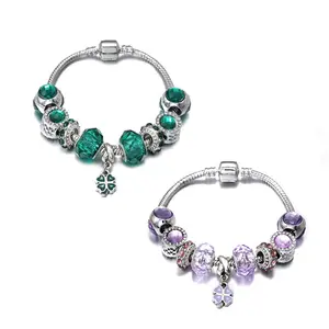 Duyizhao Fashion Three Size Leaf Charm Bracelets For Lady Big Hold Green And Purple Crystal Beads Bracelet Jewelry