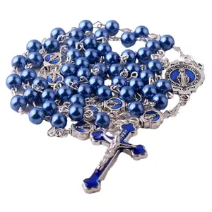 Vendita calda croce collana gesù ciondolo religioso rosario blu collana preghiera gioielli all'ingrosso