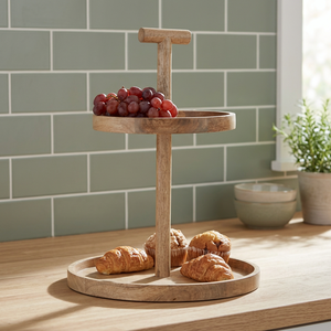 Support de service en bois unique à 2 niveaux avec poignée en T, élégant et robuste, idéal pour la présentation de fruits, pâtisseries, en-cas, parfait pour la décoration de table - Product Image 1