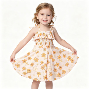 Vestido de Bambú/Algodón Personalizado para Niñas con Tirantes Ajustables, Cuello Fruncido, Mangas Cortas Tipo Linterna con Volantes y Pétalos para Bebés y Niñas Pequeñas - Product Image 4