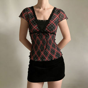 Ins Style Urban Chic Black Red Plaid Print Lace <b>Patchwork</b> Tie Front Short Sleeve V Neck Sexy Mesh Lace <b>Top</b> - Product Image 3
