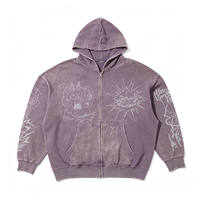 Sweat à capuche zippé lavé et vieilli couleur lavande, motif graffiti abstrait Kornit DTG, coupe oversize
