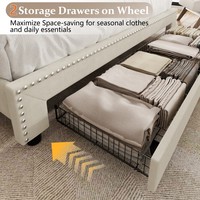 Cadre de lit Queen élégant en tissu rembourré avec deux tiroirs et station de charge, et tête de lit réglable pour chambre principale